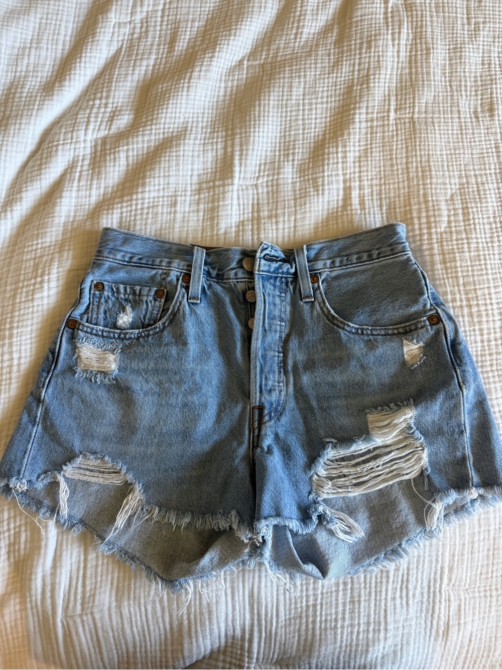 High-Waist Distressed Light Blue Denim Shorts